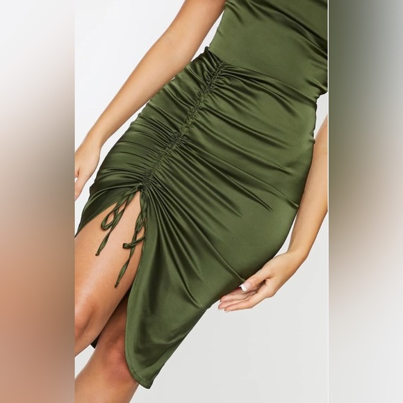 PLT Khaki Satin Strappy Midi Dress - Picture 3 of 4